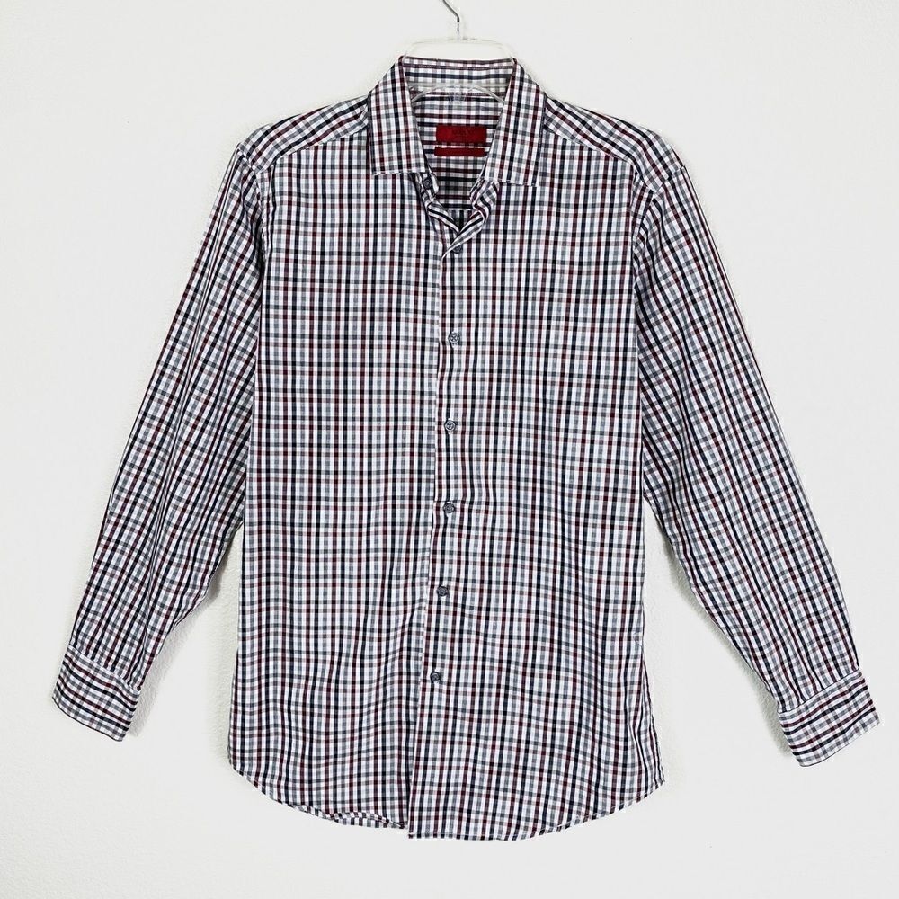 Alfani Performance Fitted Checkered Plaid Long Sleeve Button Up Shirt